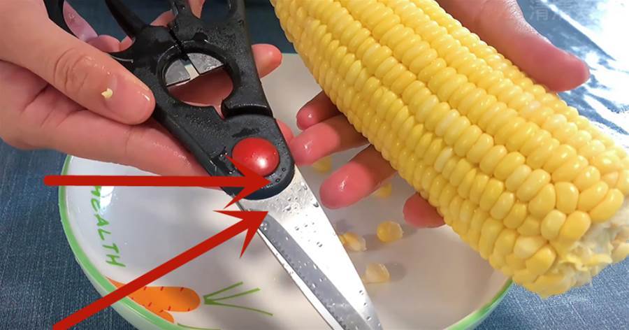 玉米上有個小開關，剪刀一扎一轉，玉米粒完整脫落，1分鐘剝大盤